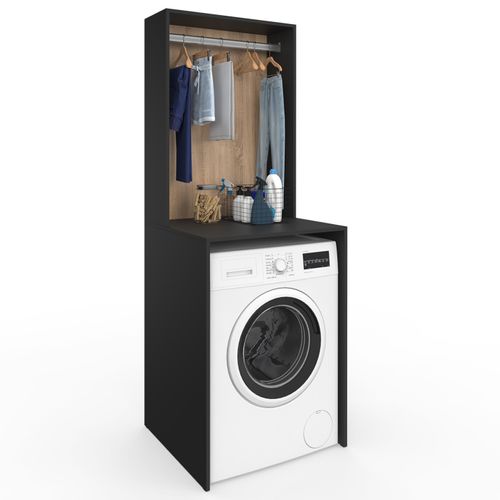 Meuble Dessus Machine à Laver Avec Penderie Wallis Noir Et Bois Façon Hêtre