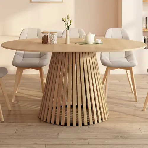 Table à Manger Extensible Ronde Carmen 4-8 Personnes Pied Bois En Lattes Et Plateau Bois 110 - 150 C