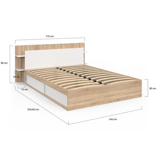 Lit Double Sari Avec Rangements, Sommier Et Tête De Lit 140 X 190 Cm Bois Et Blanc