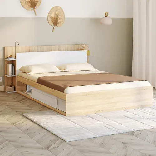 Lit Double Sari Avec Rangements, Sommier Et Tête De Lit 140 X 190 Cm Bois Et Blanc
