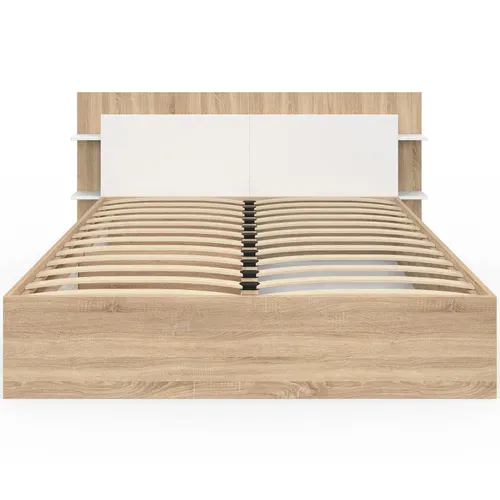 Lit Double Sari Avec Rangements, Sommier Et Tête De Lit 140 X 190 Cm Bois Et Blanc