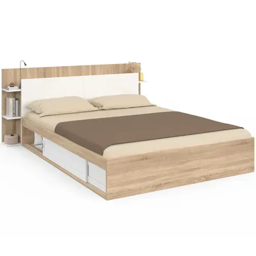Lit Double Sari Avec Rangements, Sommier Et Tête De Lit 140 X 190 Cm Bois Et Blanc