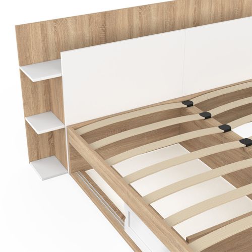 Lit Double Sari Avec Rangements, Sommier Et Tête De Lit 140 X 190 Cm Bois Et Blanc