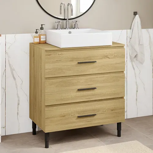 Meuble Sous Vasque 80 Cm Salle De Bain 3 Tiroirs Façon Hêtre Et Noir Avec Pieds Télescopiques