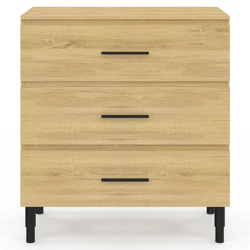 Meuble Sous Vasque 80 Cm Salle De Bain 3 Tiroirs Façon Hêtre Et Noir Avec Pieds Télescopiques