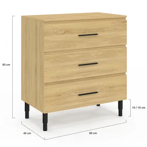 Meuble Sous Vasque 80 Cm Salle De Bain 3 Tiroirs Façon Hêtre Et Noir Avec Pieds Télescopiques