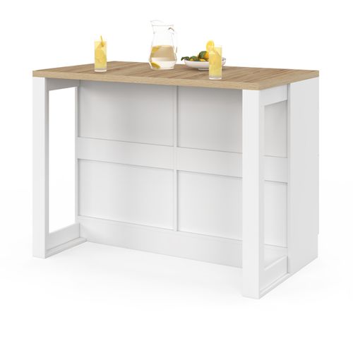 Ilot Central Mange-debout Orso 120 Cm Casserolier 6 Tiroirs Blanc Avec Plan De Travail Façon Hêtre