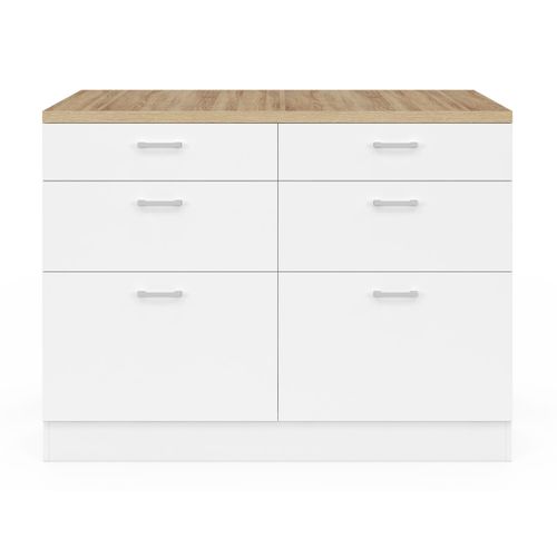 Ilot Central Mange-debout Orso 120 Cm Casserolier 6 Tiroirs Blanc Avec Plan De Travail Façon Hêtre