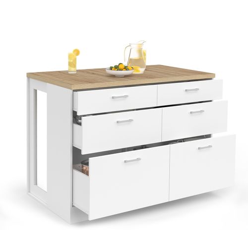 Ilot Central Mange-debout Orso 120 Cm Casserolier 6 Tiroirs Blanc Avec Plan De Travail Façon Hêtre