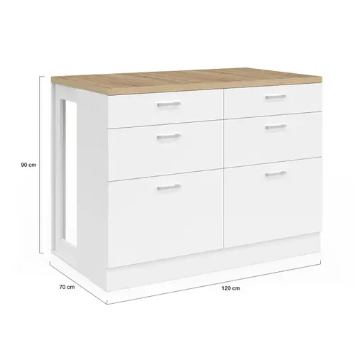 Ilot Central Mange-debout Orso 120 Cm Casserolier 6 Tiroirs Blanc Avec Plan De Travail Façon Hêtre