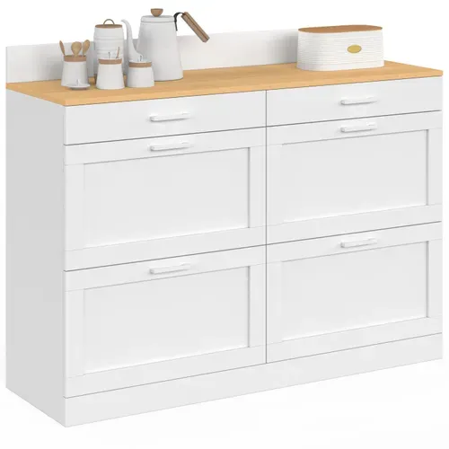 Buffet Bas De Cuisine 120 Cm Casserolier Vito Plan De Travail H.83 Cm 6 Tiroirs Blanc Et Plateau Faç