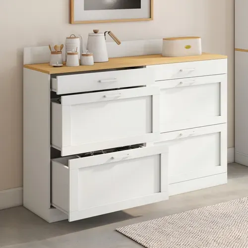 Buffet Bas De Cuisine 120 Cm Casserolier Vito Plan De Travail H.83 Cm 6 Tiroirs Blanc Et Plateau Faç