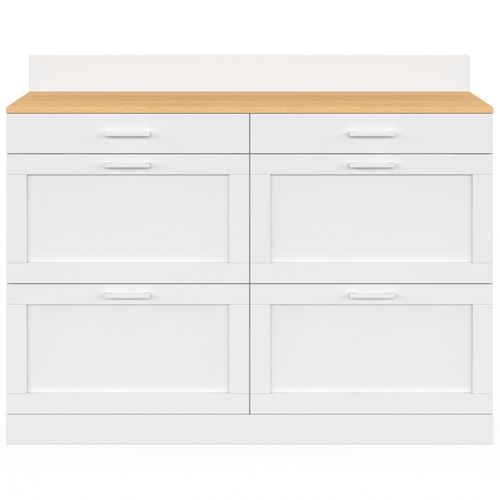 Buffet Bas De Cuisine 120 Cm Casserolier Vito Plan De Travail H.83 Cm 6 Tiroirs Blanc Et Plateau Faç