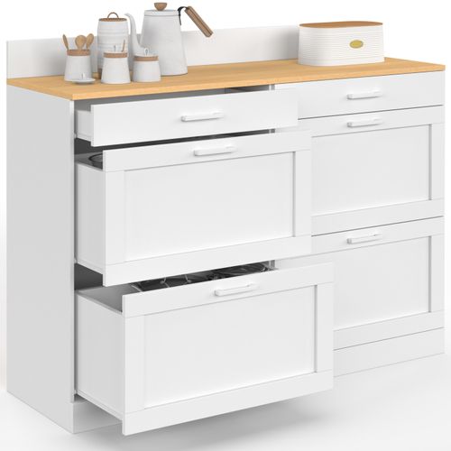 Buffet Bas De Cuisine 120 Cm Casserolier Vito Plan De Travail H.83 Cm 6 Tiroirs Blanc Et Plateau Faç