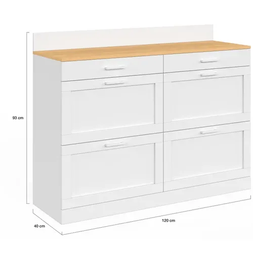 Buffet Bas De Cuisine 120 Cm Casserolier Vito Plan De Travail H.83 Cm 6 Tiroirs Blanc Et Plateau Faç