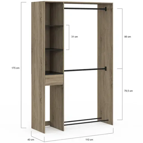 Dressing Double Penderie L. 110 Cm Mirty Avec étagères + Tiroir + Rangements À Chaussures Hêtre Et N