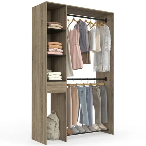 Dressing Double Penderie L. 110 Cm Mirty Avec étagères + Tiroir + Rangements À Chaussures Hêtre Et N