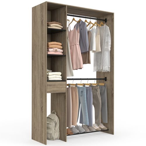 Dressing Double Penderie L. 110 Cm Mirty Avec étagères + Tiroir + Rangements À Chaussures Hêtre Et N