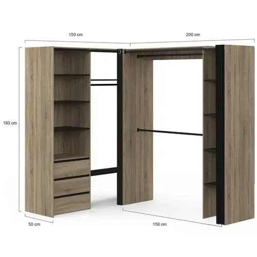Dressing Extensible D'angle Marlon 200 X 150 X 180 Cm Hêtre Avec Penderies + Tiroirs + étagères + Ri