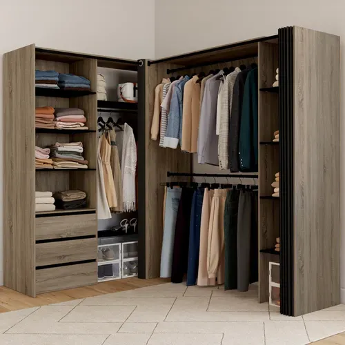 Dressing Extensible D'angle Marlon 200 X 150 X 180 Cm Hêtre Avec Penderies + Tiroirs + étagères + Ri