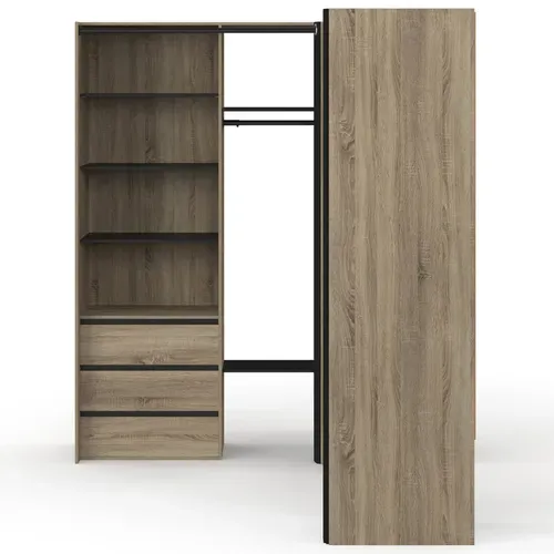 Dressing Extensible D'angle Marlon 200 X 150 X 180 Cm Hêtre Avec Penderies + Tiroirs + étagères + Ri