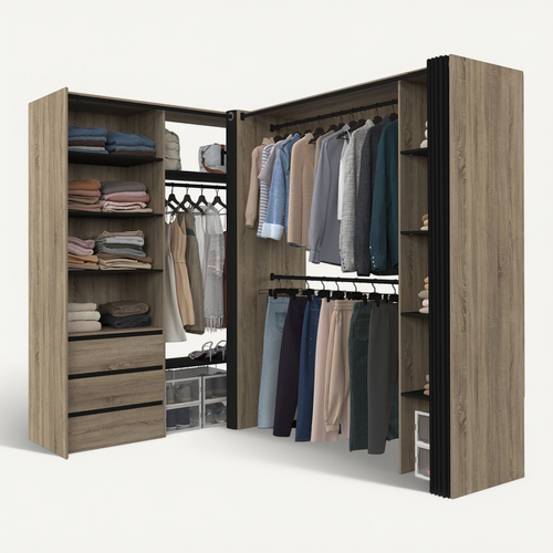 Dressing Extensible D'angle Marlon 200 X 150 X 180 Cm Hêtre Avec Penderies + Tiroirs + étagères + Ri