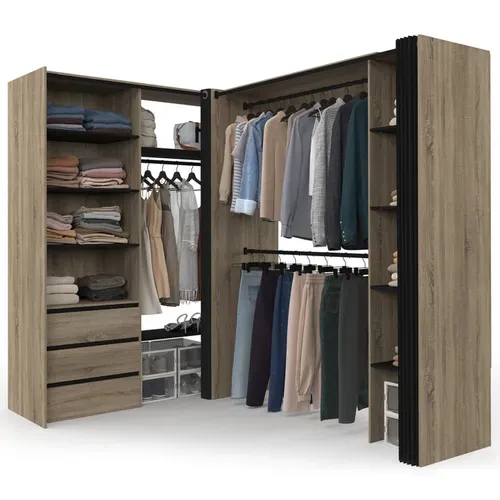 Dressing Extensible D'angle Marlon 200 X 150 X 180 Cm Hêtre Avec Penderies + Tiroirs + étagères + Ri