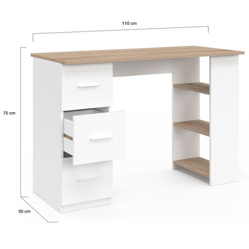 Bureau Droit Mae 3 Tiroirs Avec étagères De Rangement Blanc Et Bois
