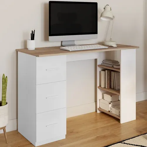 Bureau Droit Mae 3 Tiroirs Avec étagères De Rangement Blanc Et Bois