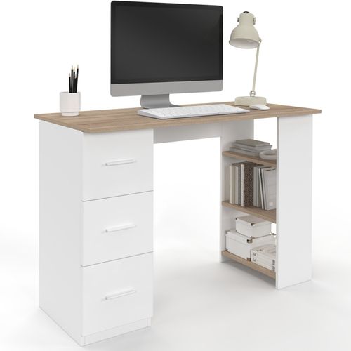 Bureau Droit Mae 3 Tiroirs Avec étagères De Rangement Blanc Et Bois
