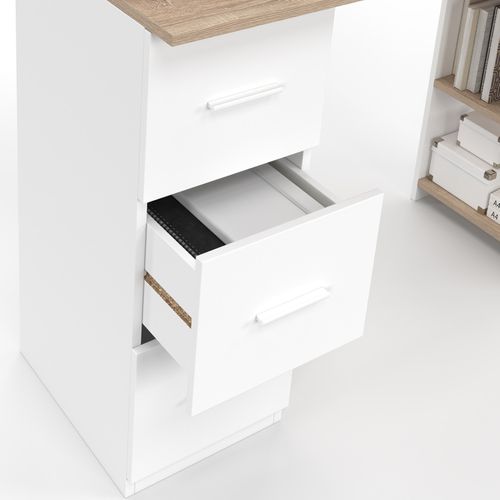Bureau Droit Mae 3 Tiroirs Avec étagères De Rangement Blanc Et Bois
