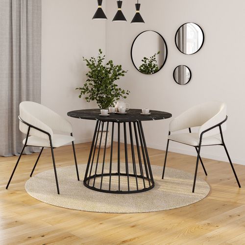 Lot De 2 Chaises De Salle à Manger Vini En Velours Côtelé Beige Dossier Arrondi Et Pieds Métal Noir