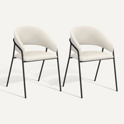 Lot De 2 Chaises De Salle à Manger Vini En Velours Côtelé Beige Dossier Arrondi Et Pieds Métal Noir