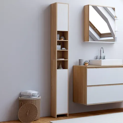 Meuble Colonne Salle De Bain Tomi 2 Portes 4 Niches Façon Hêtre Et Blanc