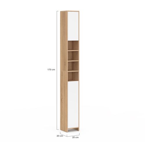 Meuble Colonne Salle De Bain Tomi 2 Portes 4 Niches Façon Hêtre Et Blanc