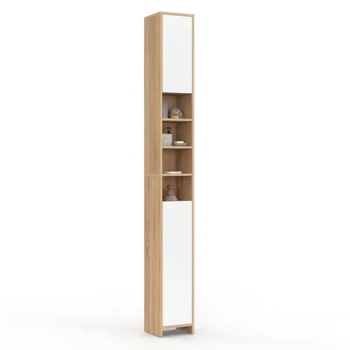 Meuble Colonne Salle De Bain Tomi 2 Portes 4 Niches Façon Hêtre Et Blanc