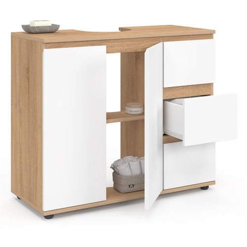 Meuble Sous Lavabo Salle De Bain Tomi Avec Placard Et 3 Tiroirs Façon Hêtre Et Blanc