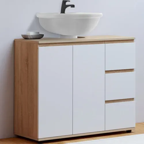 Meuble Sous Lavabo Salle De Bain Tomi Avec Placard Et 3 Tiroirs Façon Hêtre Et Blanc