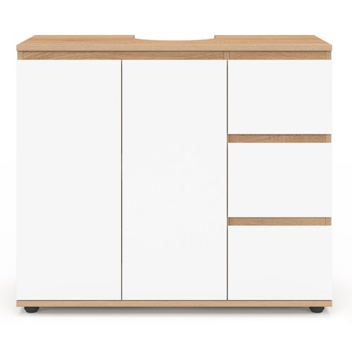 Meuble Sous Lavabo Salle De Bain Tomi Avec Placard Et 3 Tiroirs Façon Hêtre Et Blanc