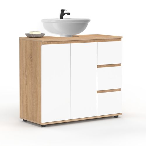 Meuble Sous Lavabo Salle De Bain Tomi Avec Placard Et 3 Tiroirs Façon Hêtre Et Blanc