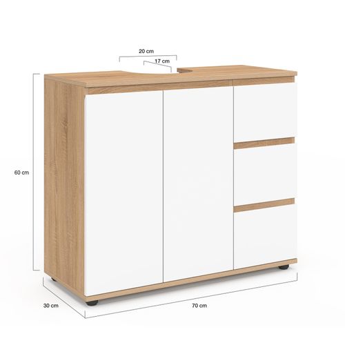 Meuble Sous Lavabo Salle De Bain Tomi Avec Placard Et 3 Tiroirs Façon Hêtre Et Blanc