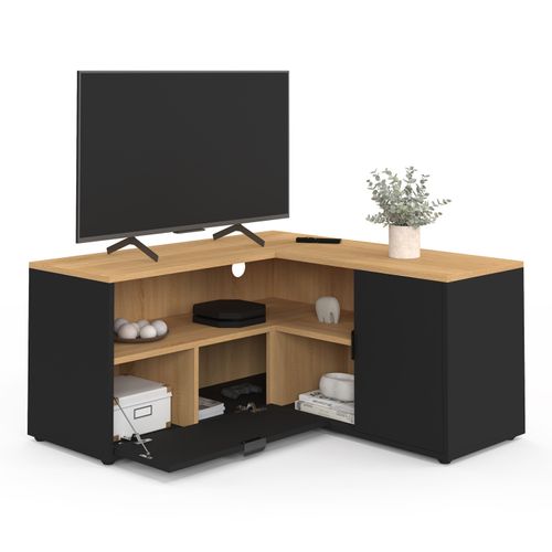 Meuble TV 90 X 90 Cm D'angle Baltazar Façon Hêtre Et Noir