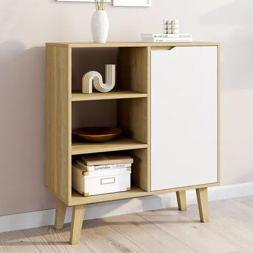 Buffet D'appoint 3 étagères Et Placard 70 Cm Finn Blanc Et Bois Façon Hêtre
