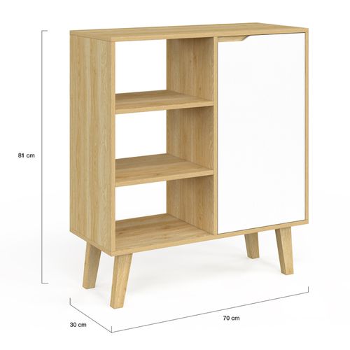 Buffet D'appoint 3 étagères Et Placard 70 Cm Finn Blanc Et Bois Façon Hêtre