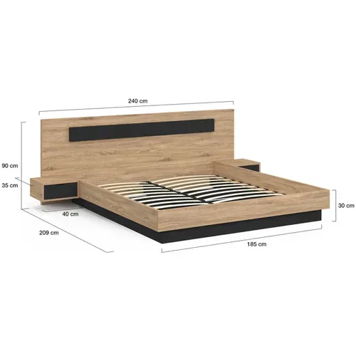 Lit Double Santa Avec Tête De Lit + Tables De Chevet Intégrées Et Sommier 180 X 200 Cm Bois Et Noir