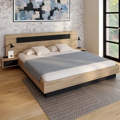 Lit Double Santa Avec Tête De Lit + Tables De Chevet Intégrées Et Sommier 180 X 200 Cm Bois Et Noir