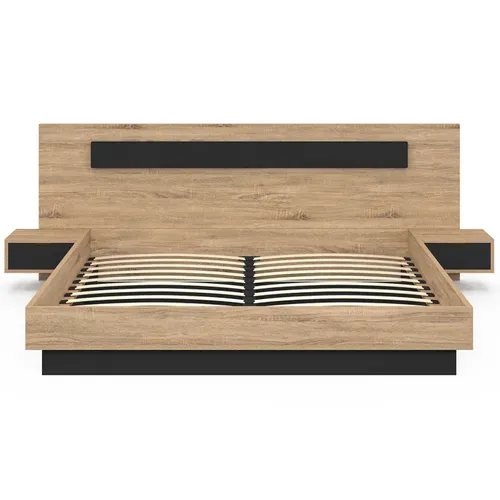 Lit Double Santa Avec Tête De Lit + Tables De Chevet Intégrées Et Sommier 180 X 200 Cm Bois Et Noir