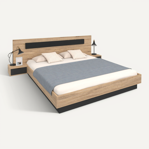 Lit Double Santa Avec Tête De Lit + Tables De Chevet Intégrées Et Sommier 180 X 200 Cm Bois Et Noir