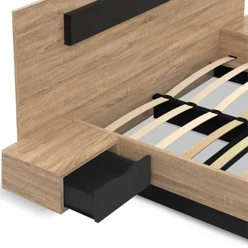 Lit Double Santa Avec Tête De Lit + Tables De Chevet Intégrées Et Sommier 180 X 200 Cm Bois Et Noir