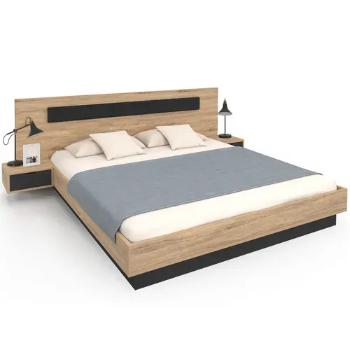 Lit Double Santa Avec Tête De Lit + Tables De Chevet Intégrées Et Sommier 180 X 200 Cm Bois Et Noir